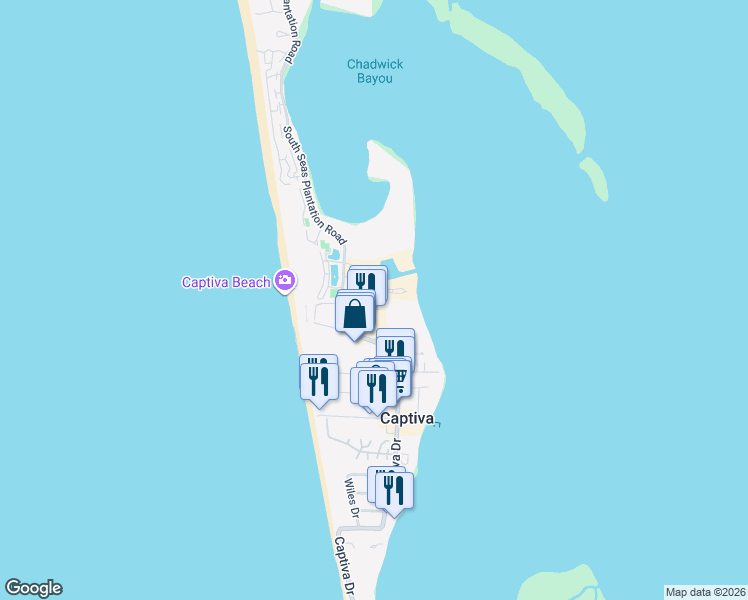 map of restaurants, bars, coffee shops, grocery stores, and more near 5400 Plantation Road in Captiva