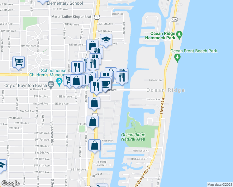 map of restaurants, bars, coffee shops, grocery stores, and more near 825 Southeast 2nd Avenue in Boynton Beach