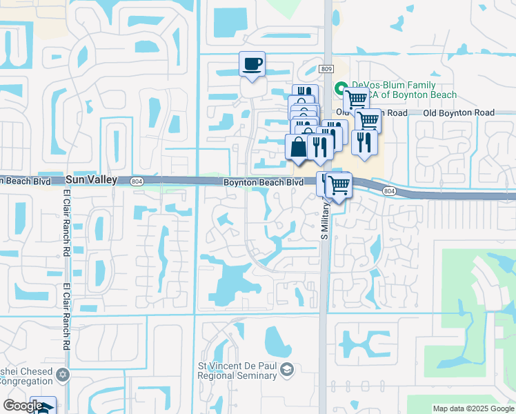 map of restaurants, bars, coffee shops, grocery stores, and more near 10110 Cedar Point Boulevard in Boynton Beach