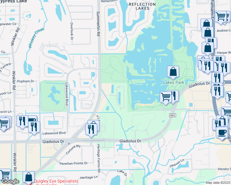 map of restaurants, bars, coffee shops, grocery stores, and more near 14821 Reflection Key Circle in Fort Myers