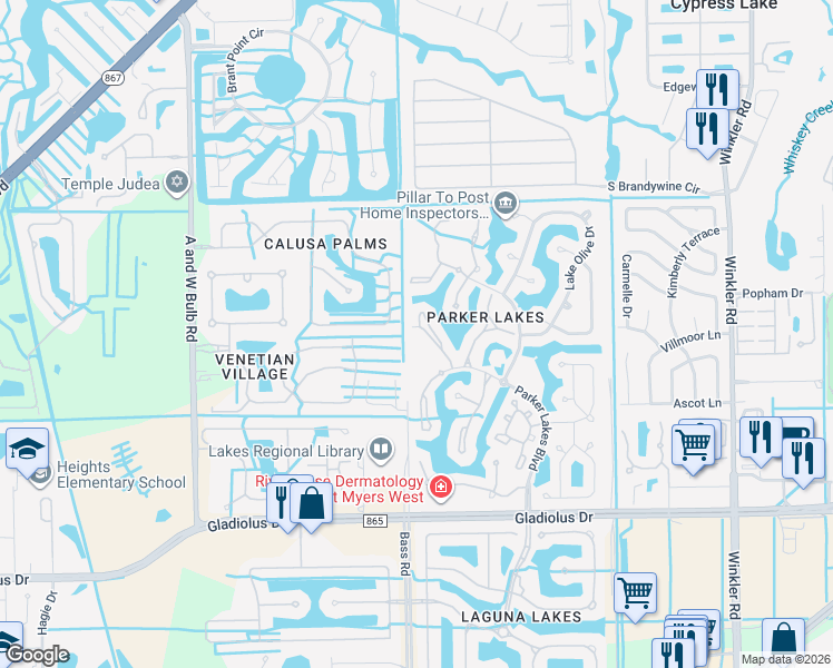 map of restaurants, bars, coffee shops, grocery stores, and more near 14960 Vista View Way in Fort Myers