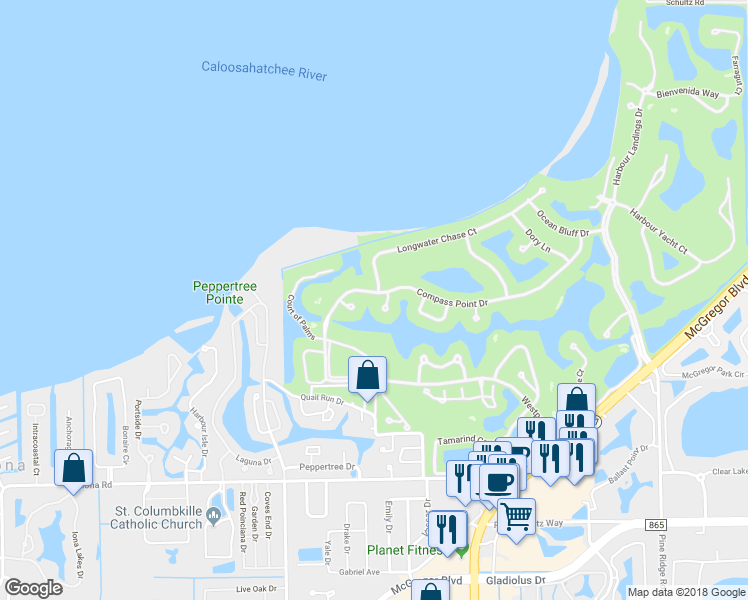 map of restaurants, bars, coffee shops, grocery stores, and more near 11551 Compass Point Drive in Fort Myers