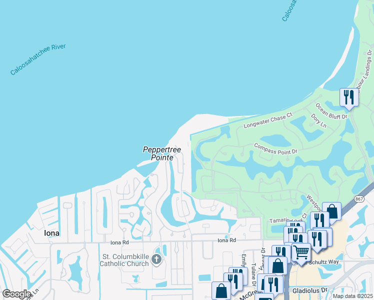 map of restaurants, bars, coffee shops, grocery stores, and more near 14851 Laguna Drive in Fort Myers