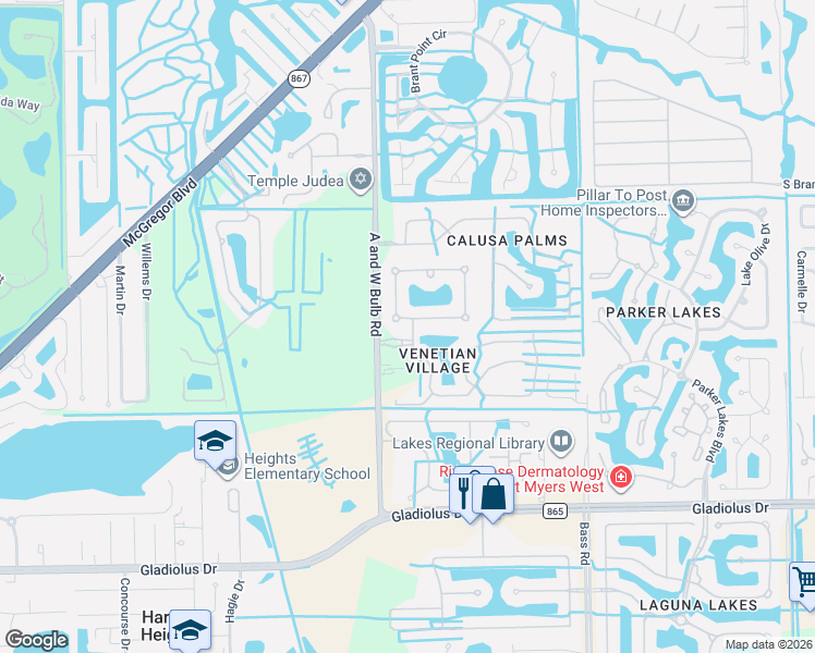 map of restaurants, bars, coffee shops, grocery stores, and more near 9731 Mar Largo Circle in Fort Myers