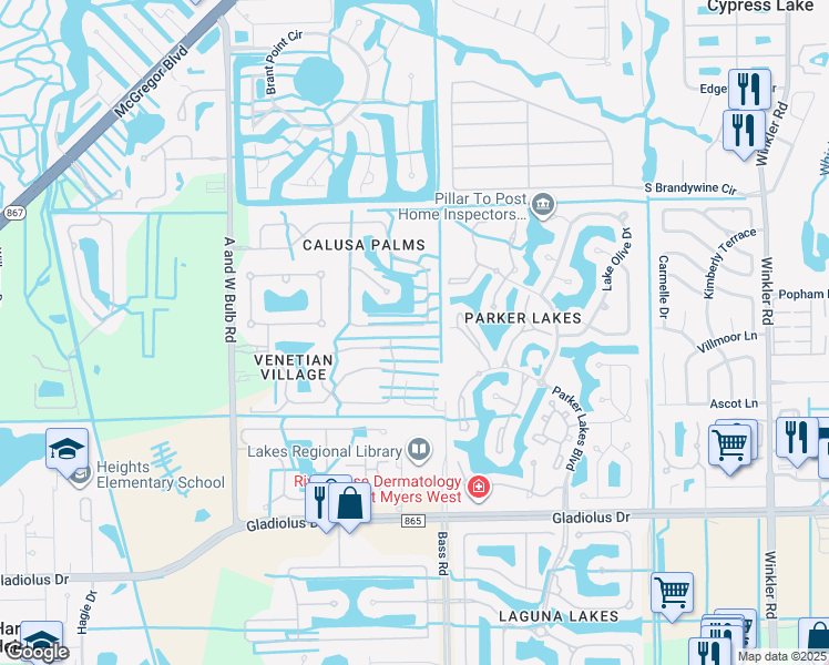 map of restaurants, bars, coffee shops, grocery stores, and more near 14727 Calusa Palms Drive in Fort Myers