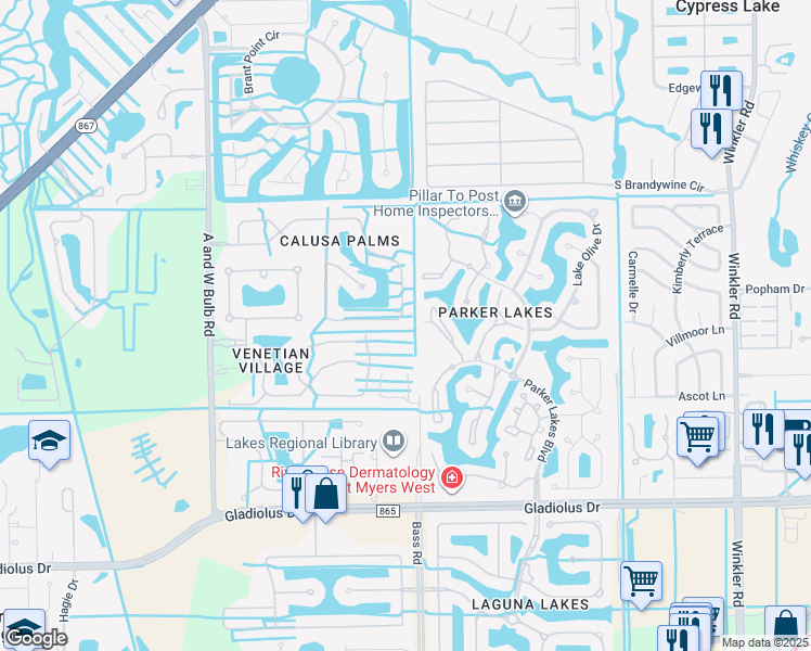 map of restaurants, bars, coffee shops, grocery stores, and more near 14727 Calusa Palms Drive in Fort Myers