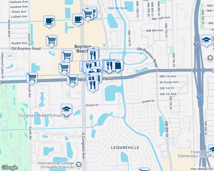map of restaurants, bars, coffee shops, grocery stores, and more near 1113 Lake Terrace in Boynton Beach