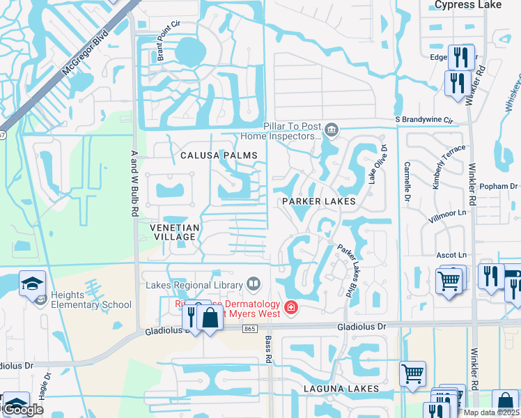 map of restaurants, bars, coffee shops, grocery stores, and more near 14727 Calusa Palms Drive in Fort Myers