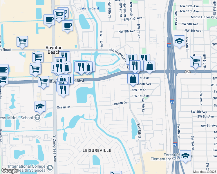 map of restaurants, bars, coffee shops, grocery stores, and more near 136 Leisureville Boulevard in Boynton Beach
