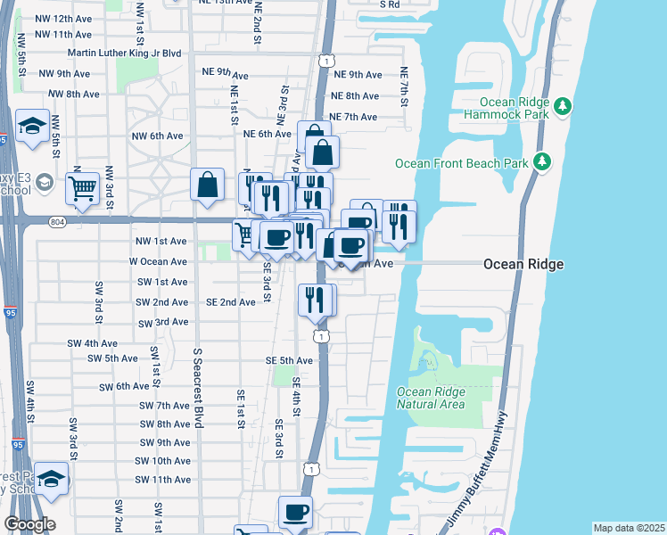map of restaurants, bars, coffee shops, grocery stores, and more near 114 U.S. 1 in Boynton Beach