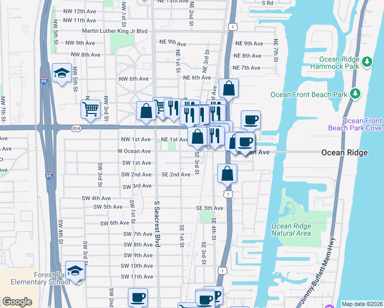 map of restaurants, bars, coffee shops, grocery stores, and more near 305 East Ocean Avenue in Boynton Beach