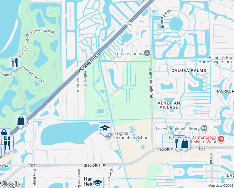 map of restaurants, bars, coffee shops, grocery stores, and more near 14537 Abaco Lakes Drive in Fort Myers