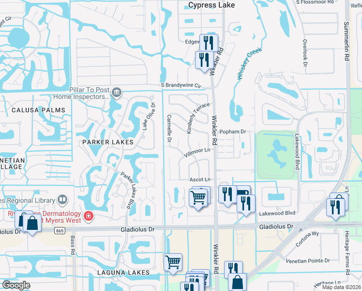 map of restaurants, bars, coffee shops, grocery stores, and more near 6906 Sedgewick Court in Fort Myers