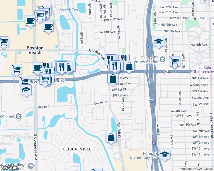 map of restaurants, bars, coffee shops, grocery stores, and more near 802 West Ocean Avenue in Boynton Beach