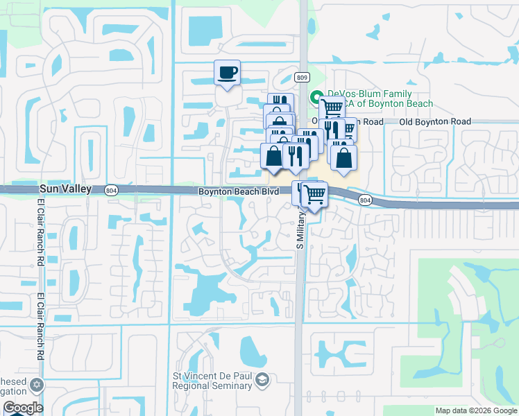 map of restaurants, bars, coffee shops, grocery stores, and more near 10074 Hickorywood Place in Boynton Beach