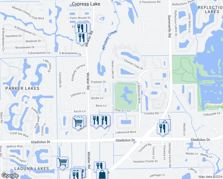 map of restaurants, bars, coffee shops, grocery stores, and more near 14781 Royal Oak Court in Fort Myers