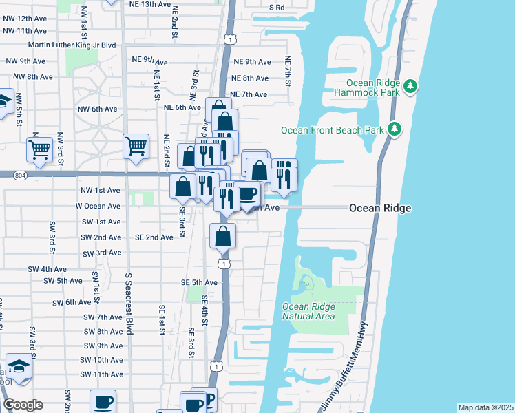 map of restaurants, bars, coffee shops, grocery stores, and more near 100 Northeast 6th Street in Boynton Beach