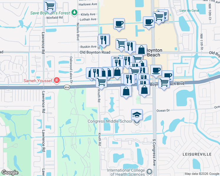 map of restaurants, bars, coffee shops, grocery stores, and more near 1811 Banyan Creek Circle North in Boynton Beach