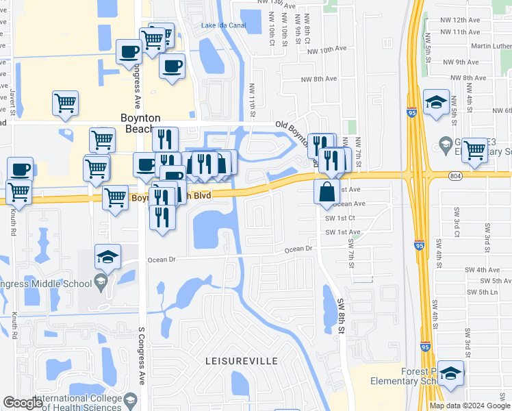map of restaurants, bars, coffee shops, grocery stores, and more near 1102 Leisure Lane in Boynton Beach