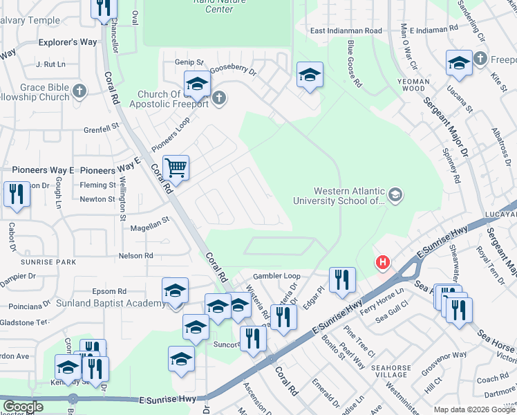 map of restaurants, bars, coffee shops, grocery stores, and more near Coral Reef Boulevard in Freeport