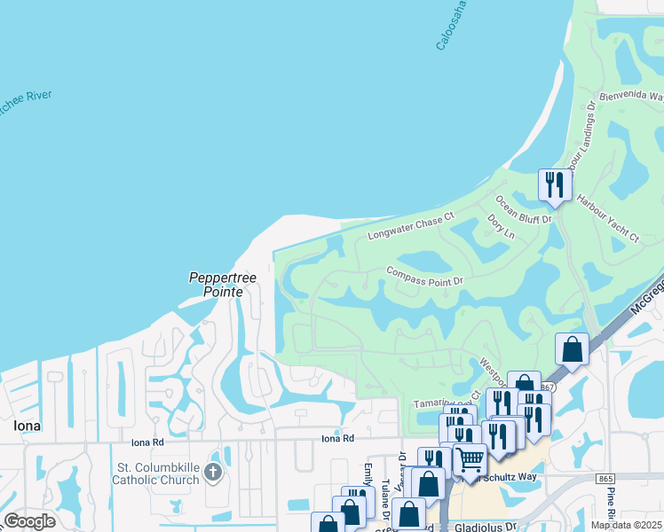 map of restaurants, bars, coffee shops, grocery stores, and more near 11590 Compass Point Drive in Fort Myers