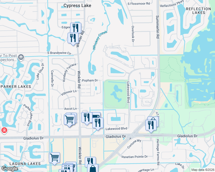 map of restaurants, bars, coffee shops, grocery stores, and more near 14751 Hole in 1 Circle in Fort Myers