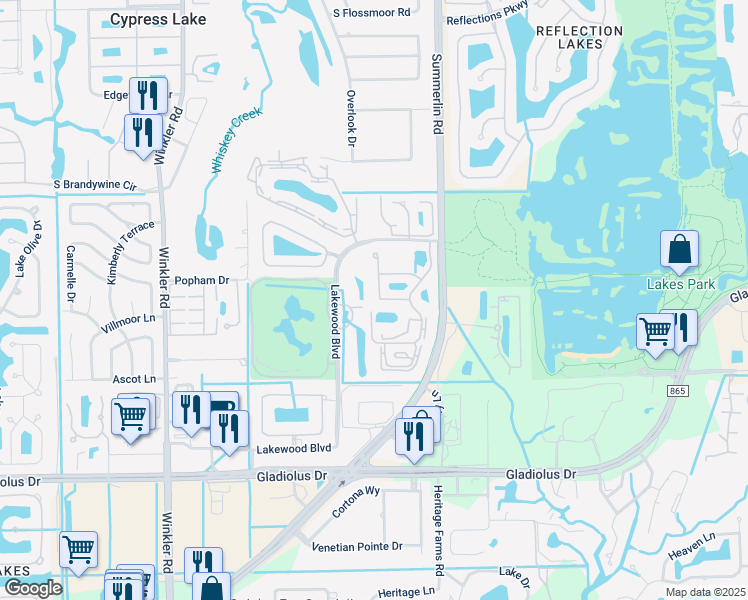 map of restaurants, bars, coffee shops, grocery stores, and more near 14675 Summer Rose Way in Fort Myers