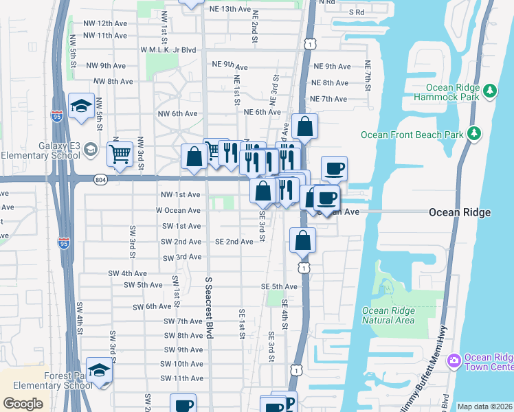 map of restaurants, bars, coffee shops, grocery stores, and more near 305 East Ocean Avenue in Boynton Beach