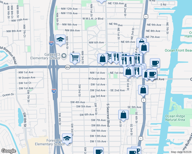 map of restaurants, bars, coffee shops, grocery stores, and more near 201 West Ocean Avenue in Boynton Beach