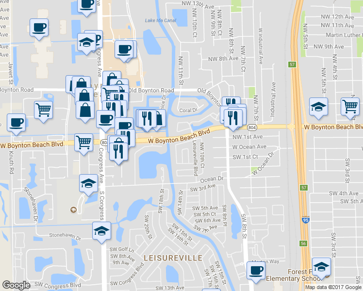 map of restaurants, bars, coffee shops, grocery stores, and more near 1102 Leisure Lane in Boynton Beach
