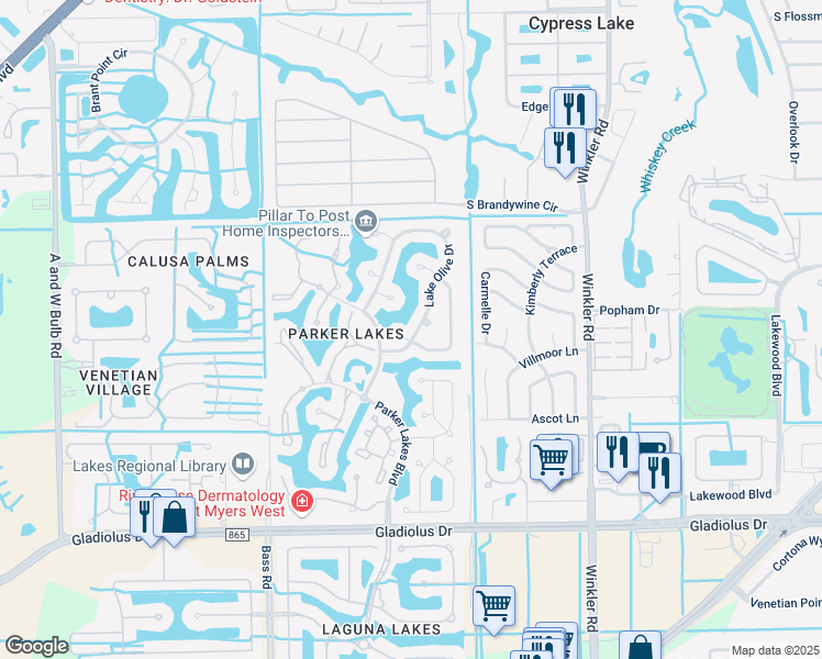 map of restaurants, bars, coffee shops, grocery stores, and more near 14571 Lake Olive Drive in Fort Myers
