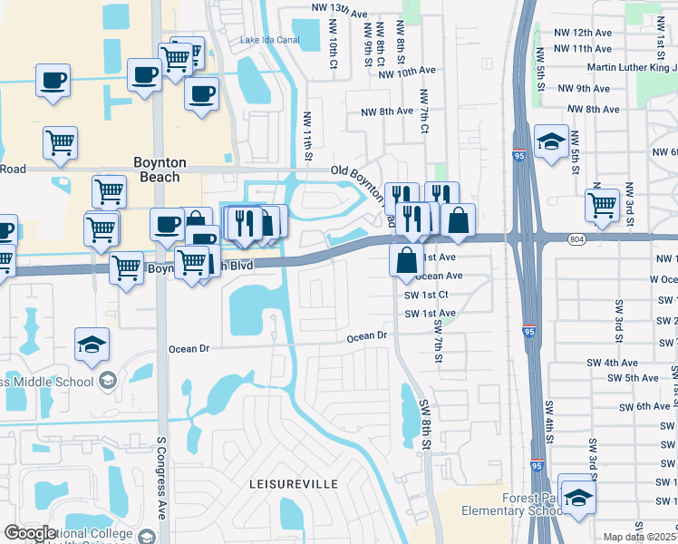 map of restaurants, bars, coffee shops, grocery stores, and more near 136 Leisureville Boulevard in Boynton Beach