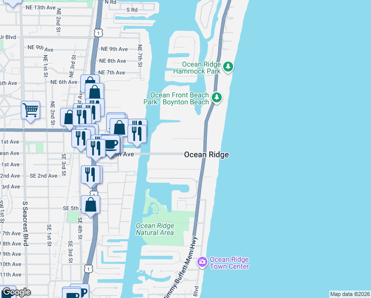 map of restaurants, bars, coffee shops, grocery stores, and more near 54 East Ocean Avenue in Ocean Ridge