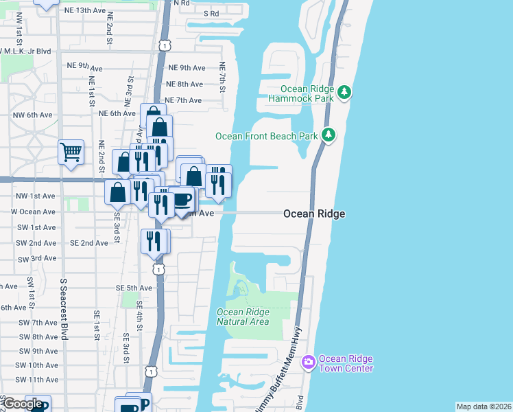 map of restaurants, bars, coffee shops, grocery stores, and more near 66 East Ocean Avenue in Ocean Ridge