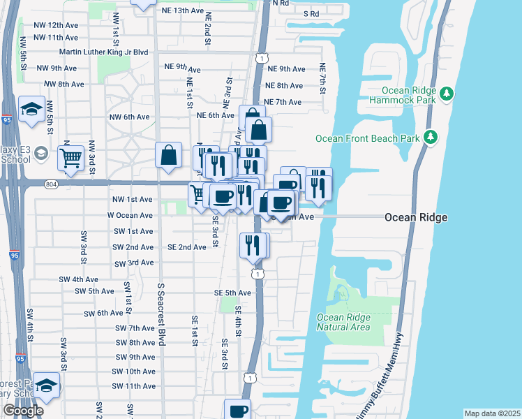 map of restaurants, bars, coffee shops, grocery stores, and more near 114 U.S. 1 in Boynton Beach