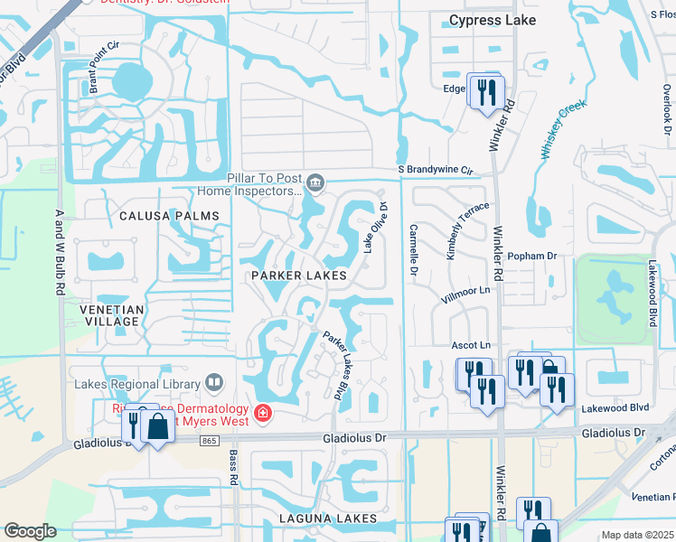 map of restaurants, bars, coffee shops, grocery stores, and more near 14571 Lake Olive Drive in Fort Myers