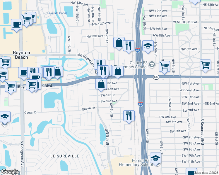 map of restaurants, bars, coffee shops, grocery stores, and more near 701 West Ocean Avenue in Boynton Beach