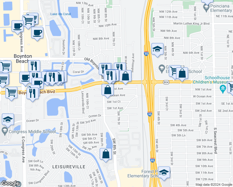 map of restaurants, bars, coffee shops, grocery stores, and more near 701 West Ocean Avenue in Boynton Beach