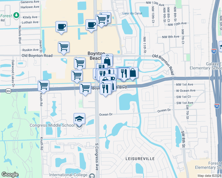 map of restaurants, bars, coffee shops, grocery stores, and more near 1394 Florida 804 in Boynton Beach