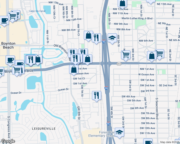 map of restaurants, bars, coffee shops, grocery stores, and more near 629 West Ocean Avenue in Boynton Beach