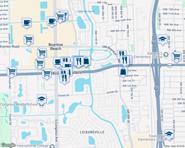 map of restaurants, bars, coffee shops, grocery stores, and more near 135 Northwest 14th Street in Boynton Beach