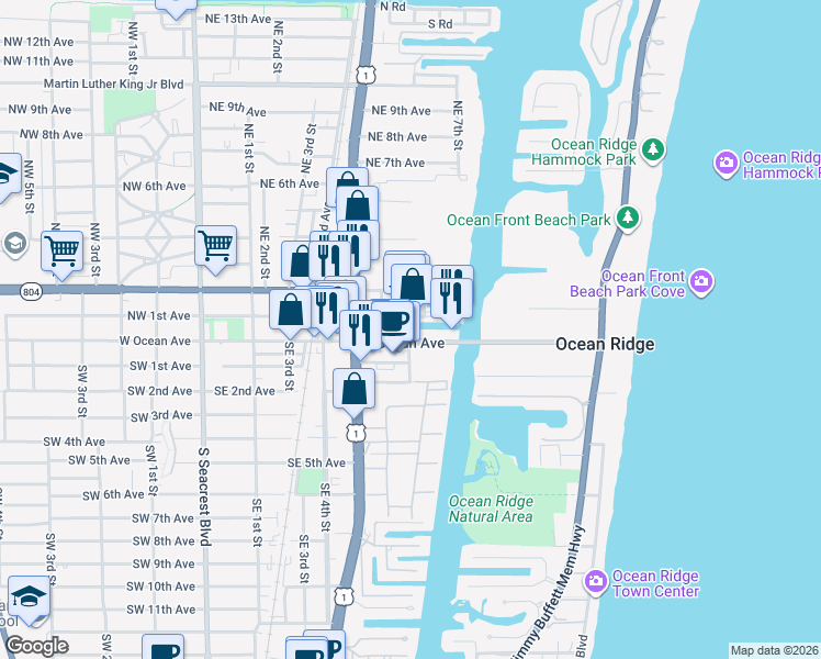 map of restaurants, bars, coffee shops, grocery stores, and more near 105 Northeast 6th Street in Boynton Beach