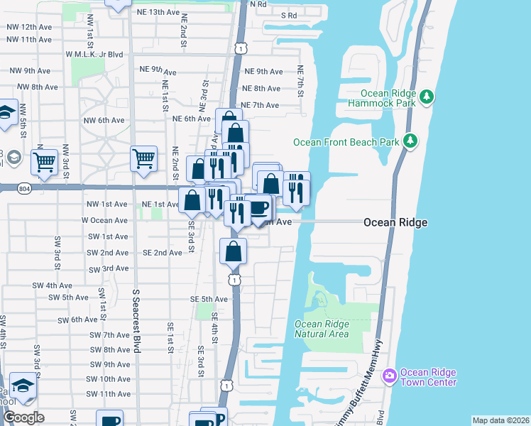 map of restaurants, bars, coffee shops, grocery stores, and more near 105 Northeast 6th Street in Boynton Beach