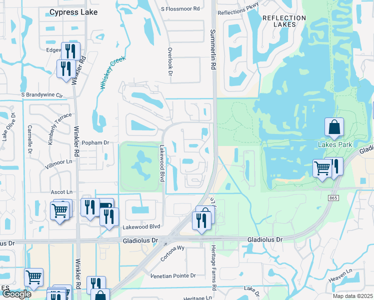 map of restaurants, bars, coffee shops, grocery stores, and more near 14675 Summer Rose Way in Fort Myers