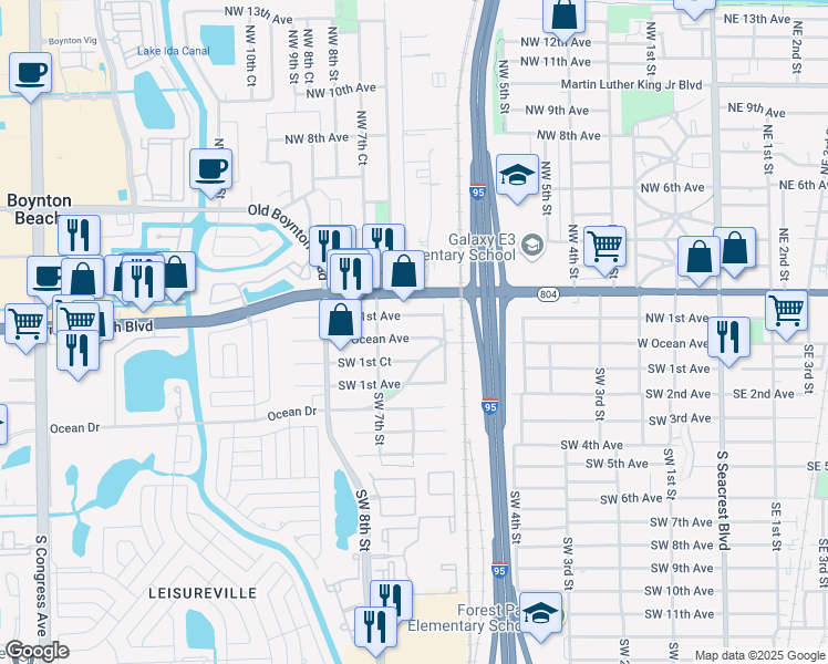 map of restaurants, bars, coffee shops, grocery stores, and more near 629 West Ocean Avenue in Boynton Beach