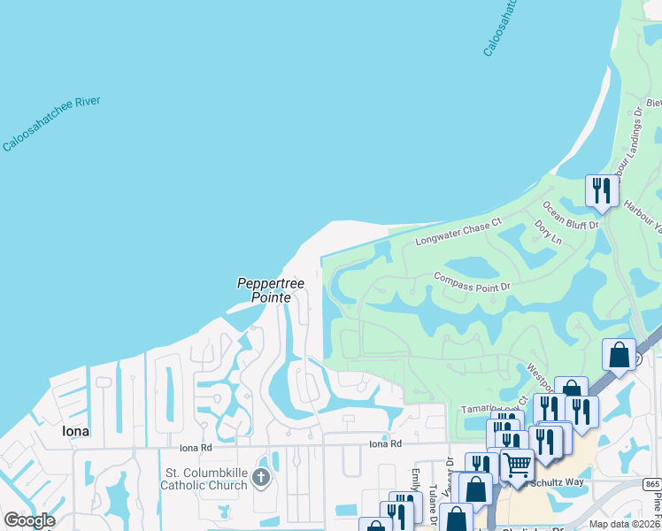 map of restaurants, bars, coffee shops, grocery stores, and more near 11620 Court of Palms in Fort Myers