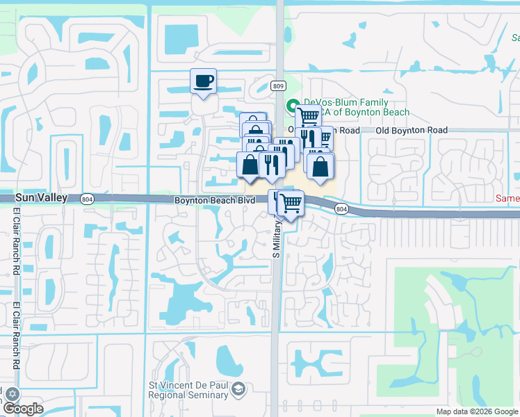 map of restaurants, bars, coffee shops, grocery stores, and more near 10051 Shadywood Pl in Boynton Beach
