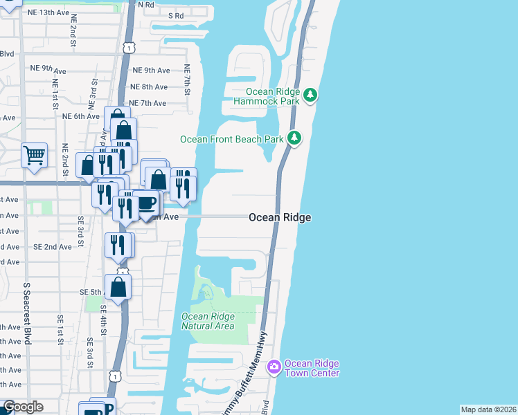 map of restaurants, bars, coffee shops, grocery stores, and more near 14 East Ocean Avenue in Ocean Ridge