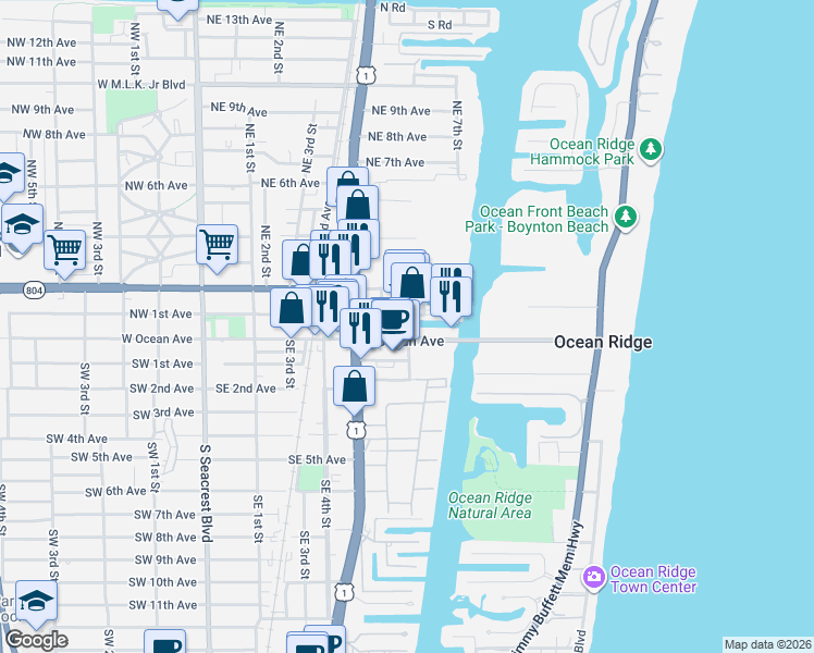 map of restaurants, bars, coffee shops, grocery stores, and more near 100 Northeast 6th Street in Boynton Beach