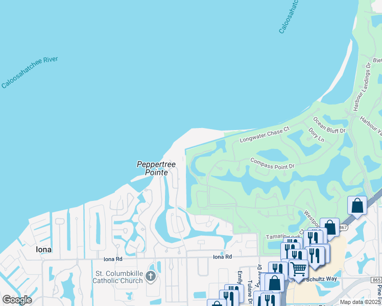 map of restaurants, bars, coffee shops, grocery stores, and more near 11620 Court of Palms in Fort Myers
